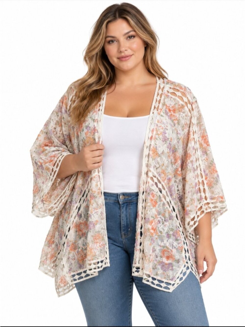 Torrid Floral Embroidered Crochet Lace Kimono Woman 1/2 Boho Festival Open Front